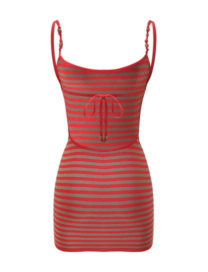 REVERIE KNIT BEADED MINI DRESS - RED MUSHROOM STRIPE