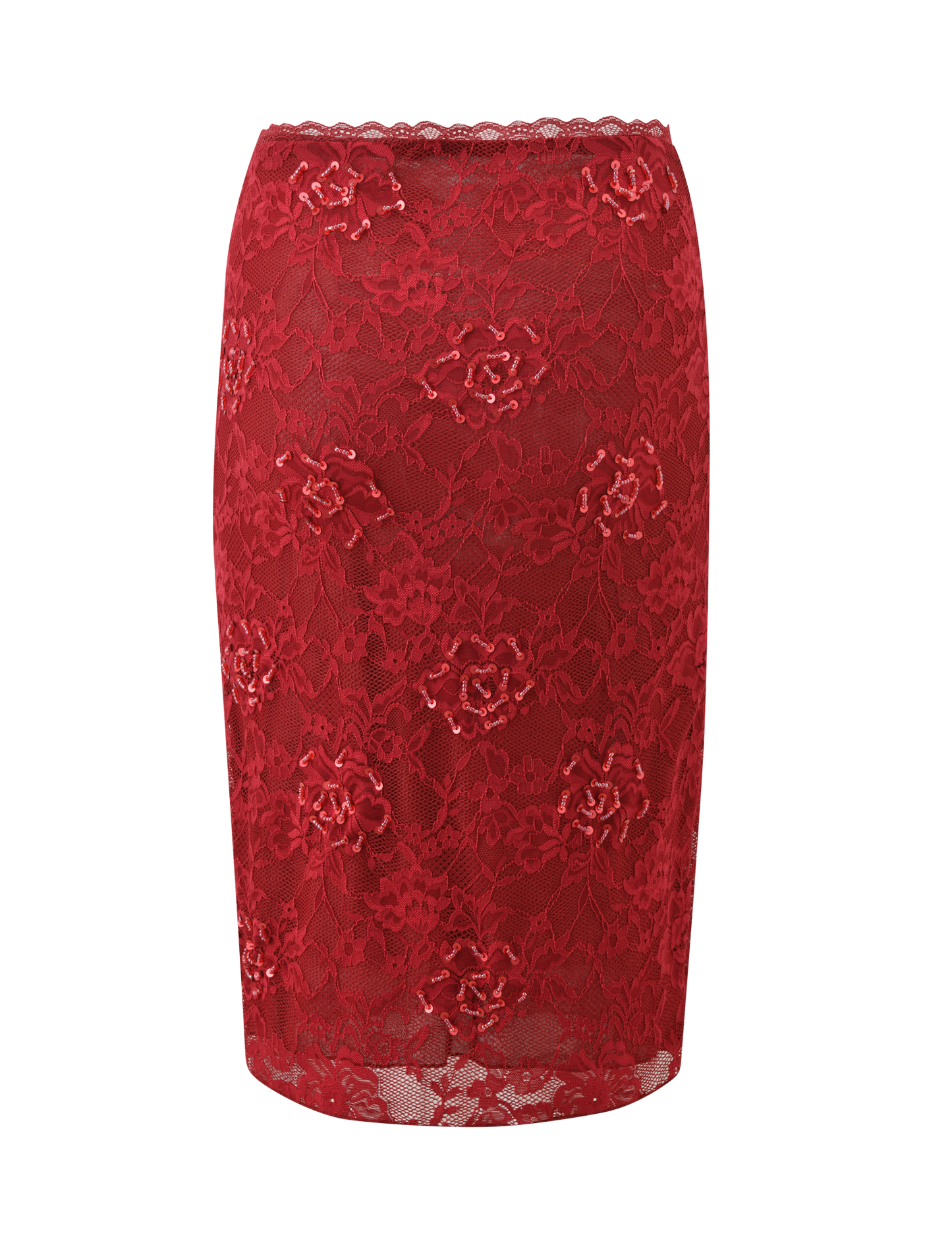 KIRRA BEADED SEQUIN LACE MIDI SKIRT - RED