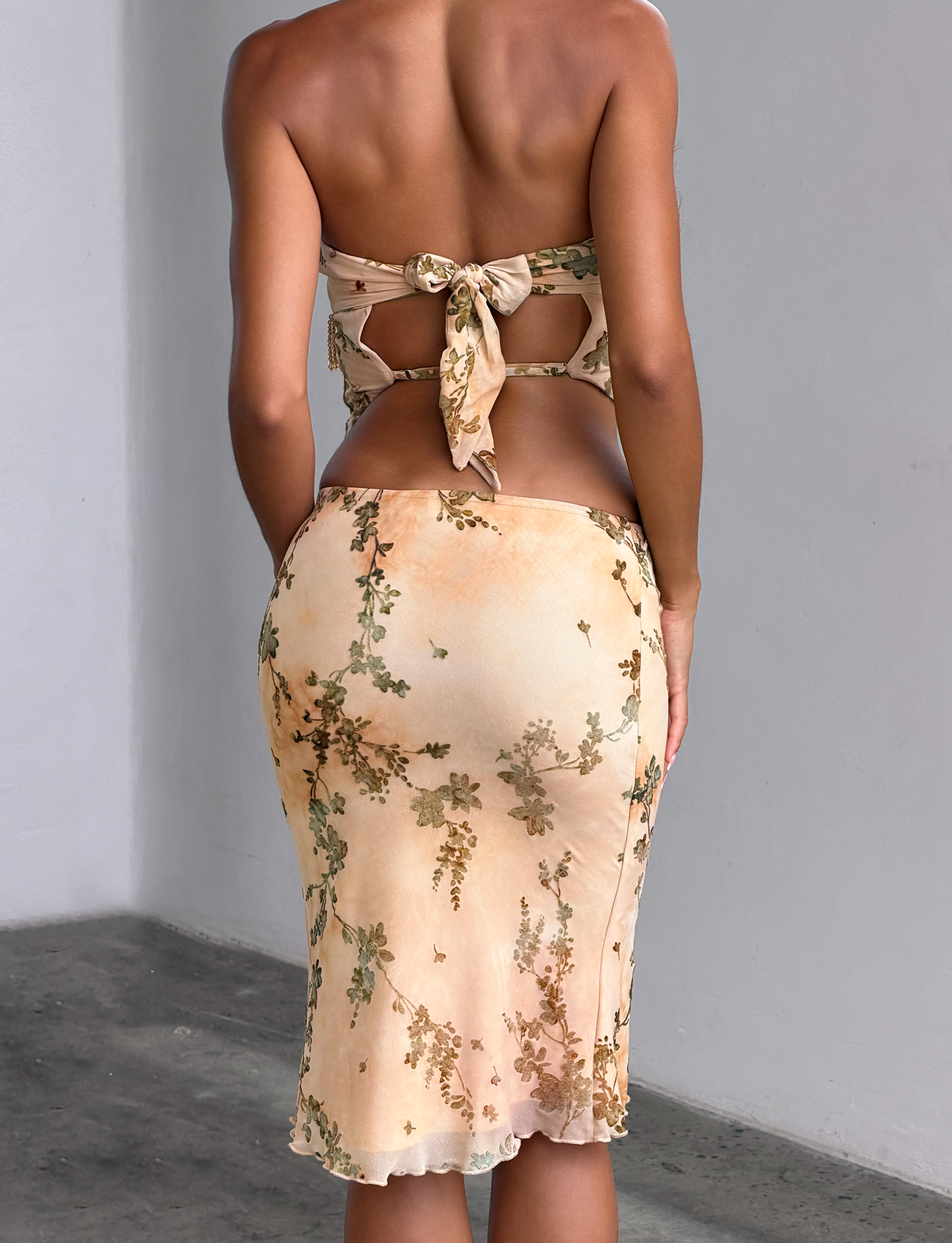 OONA BURN OUT FRINGE SKIRT - TAN