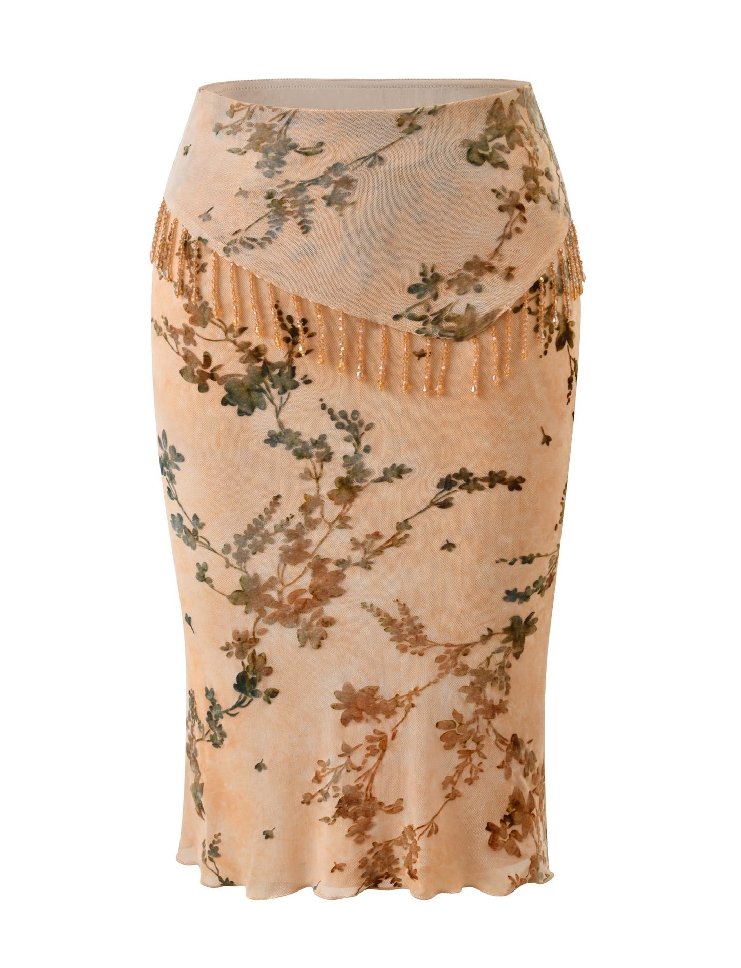 OONA BURN OUT FRINGE SKIRT - TAN